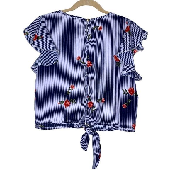 INDULGE | WOMEN’S CROP TIE FRONT BLOUSE TOP PINSTRIPES BLUE WHITE WITH ROSES M - Picture 4 of 7